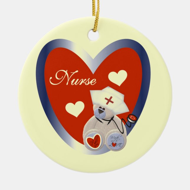 Nurse Bear With Heart T-shirts and Gifts Ceramic Ornament (Front)