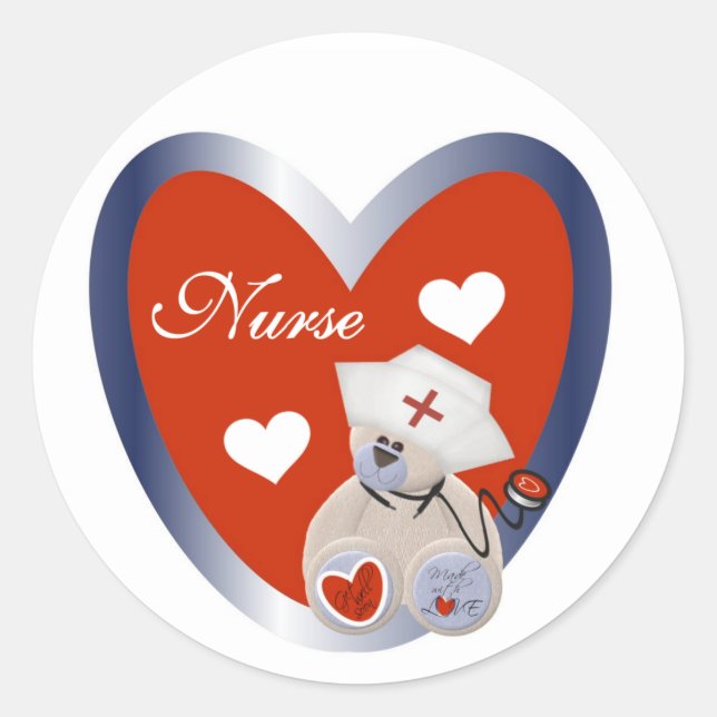 Nurse Bear With Heart T-shirts and Gifts Classic Round Sticker (Front)