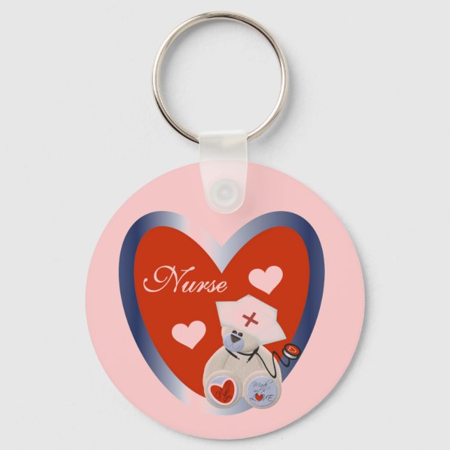 Nurse Bear With Heart T-shirts and Gifts Keychain (Front)