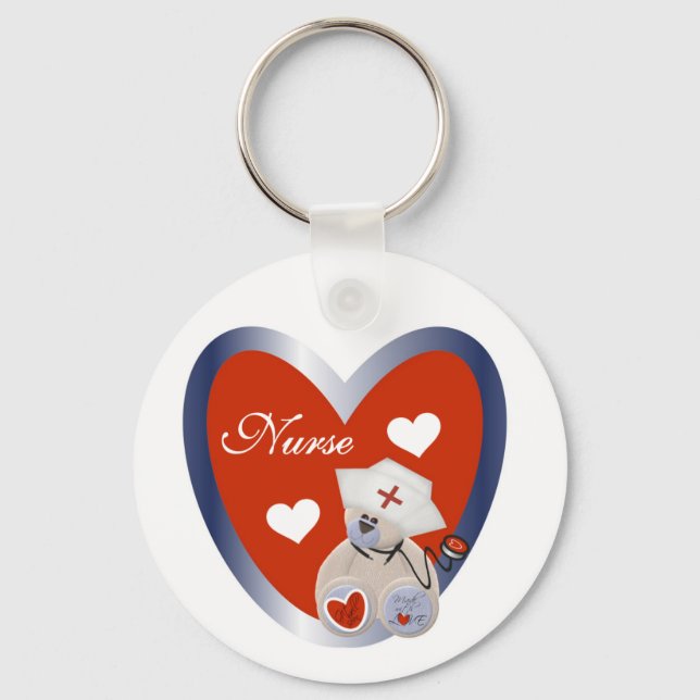 Nurse Bear With Heart T-shirts and Gifts Keychain (Front)