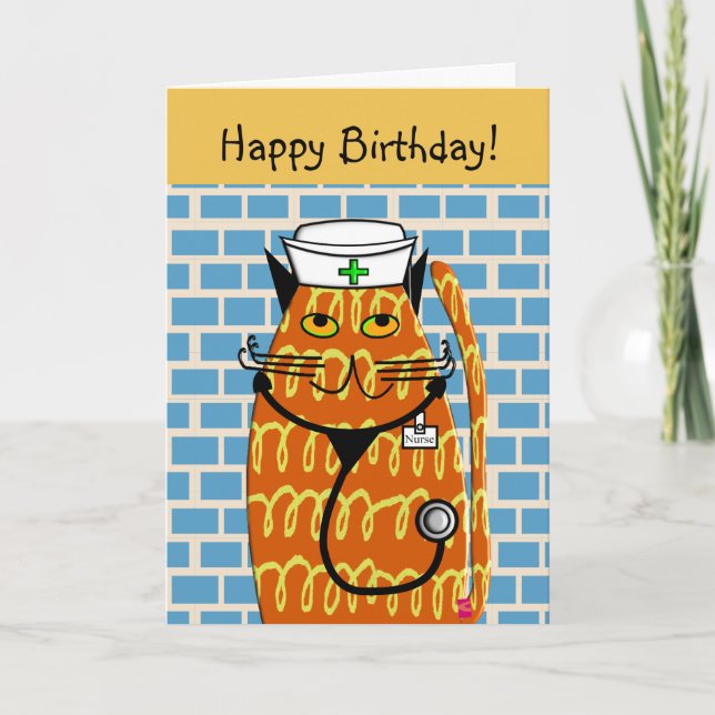Nurse Birthday Card Whimsical Cat Nurse II (Front)