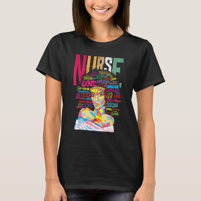 Nurse Black Woman Magic Afro Melanin Queen Black H T-Shirt (Front)