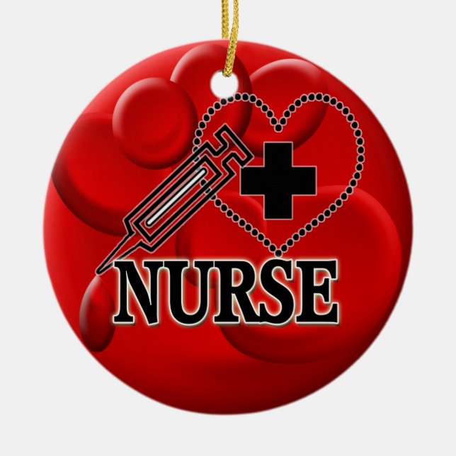 NURSE BLOOD CELLS SYRINGE HEART LOGO CERAMIC ORNAMENT (Front)