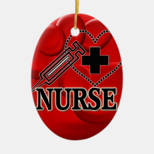NURSE BLOOD CELLS SYRINGE HEART LOGO CERAMIC ORNAMENT
