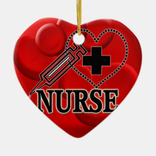 NURSE BLOOD CELLS SYRINGE HEART LOGO CERAMIC ORNAMENT
