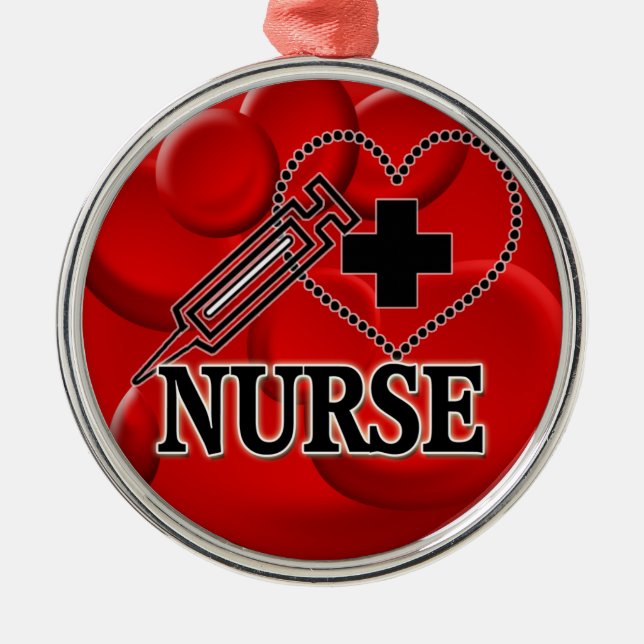 NURSE BLOOD CELLS SYRINGE HEART LOGO METAL ORNAMENT (Front)