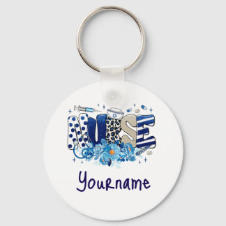Nurse blue bold glittery animal pattern, flowers keychain
