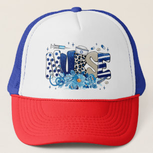 Nurse blue bold glittery animal pattern, flowers trucker hat