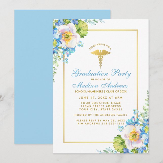Nurse Blue Floral Gold Grad Party Invite B (Front/Back)