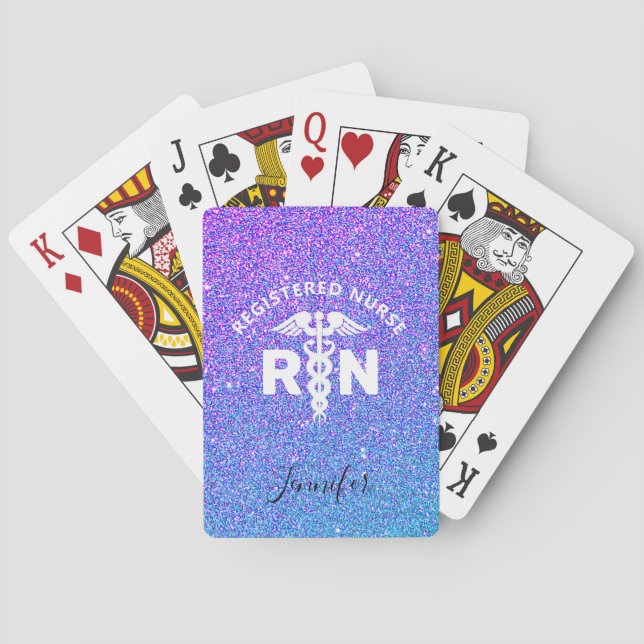 Nurse Blue Purple Glitter Caduceus Medical Name Playing Cards (Back)