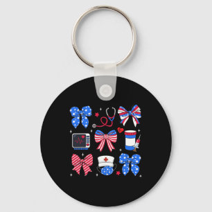 Nurse Bow Stethoscope Usa Flag Patriotic 4th Of Ju Keychain