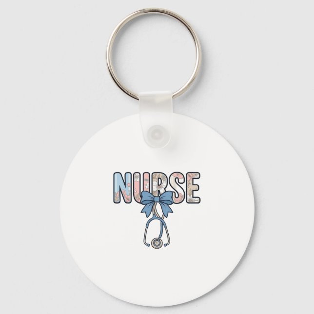Nurse Bow Stethoscope Vintage Floral Keychain (Front)