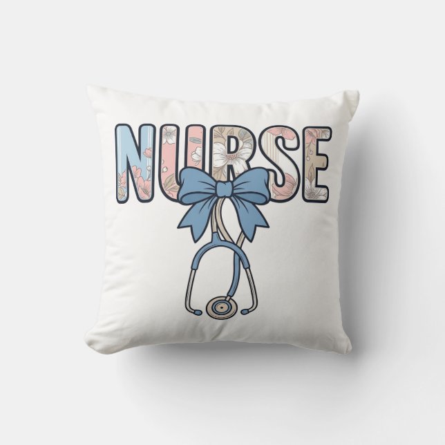 Nurse Bow Stethoscope Vintage Floral Throw Pillow (Front)