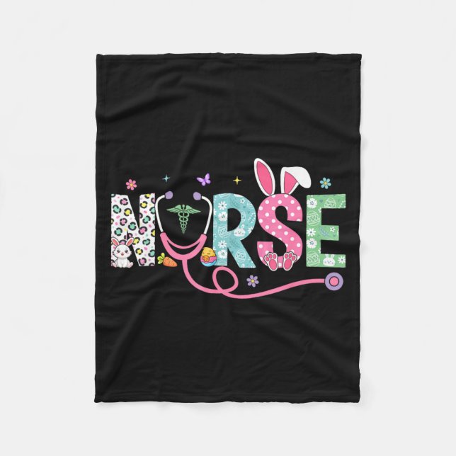Nurse Bunny Ears Egg Stethoscope Easter Day Scrub Fleece Blanket (Front)