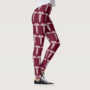 Nurse Burgundy Red Medical Caduceus Pattern Leggings