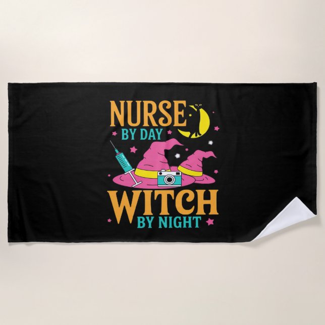 Nurse by Day, Witch by Night Cat Halloween Classic Beach Towel (Front)