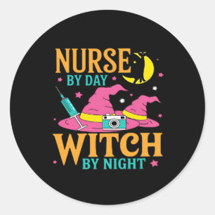 Nurse by Day, Witch by Night Cat Halloween Classic Classic Round Sticker