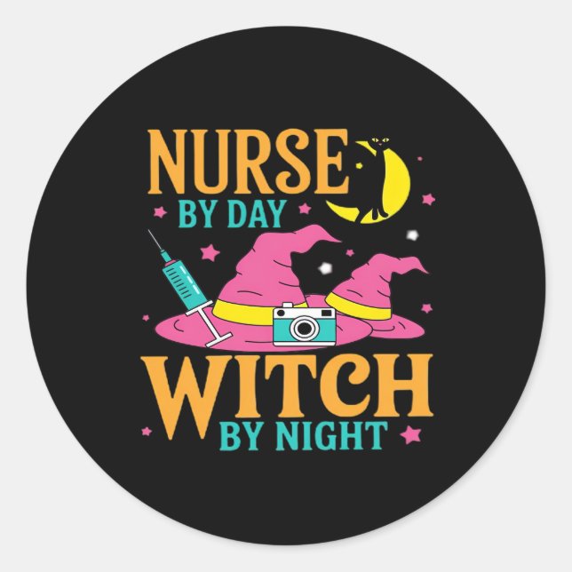Nurse by Day, Witch by Night Cat Halloween Classic Classic Round Sticker (Front)
