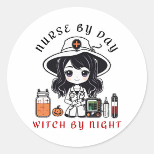 nurse by day witch by night cute Halloween witch Classic Round Sticker