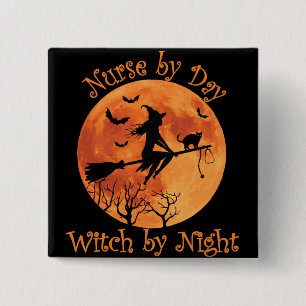 Nurse by Day Witch by Night Funny Halloween 2 Inch Square Button