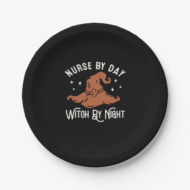 Nurse by Day Witch by Night - Funny Halloween Nurs Paper Plate (Front)