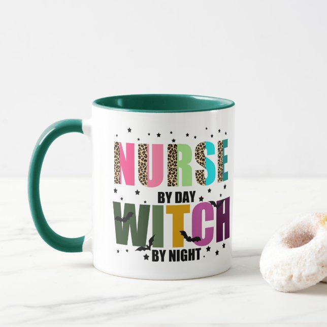 Nurse by Day, Witch by Night Leopard Print Mug (With Donut)