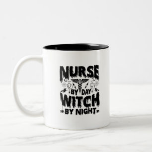 Nurse By Day Witch By Night-Nurse-Halloween-Funny Two-Tone Coffee Mug