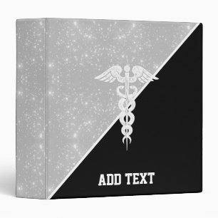 Nurse Caduceus Black Silver Faux Glitter Custom Binder