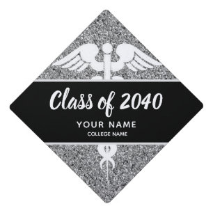 Nurse Caduceus Black Silver Glitter Personalized Graduation Cap Topper
