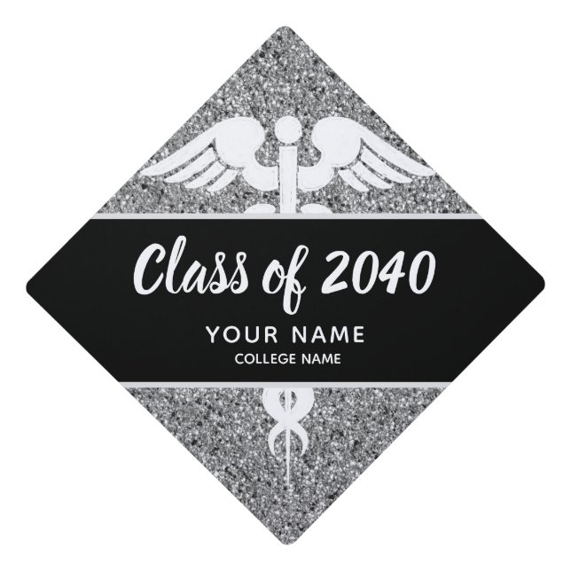 Nurse Caduceus Black Silver Glitter Personalized Graduation Cap Topper (Front)