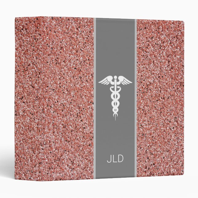 Nurse Caduceus Medical Rose Gold Glitter Monogram Binder (Front/Spine)
