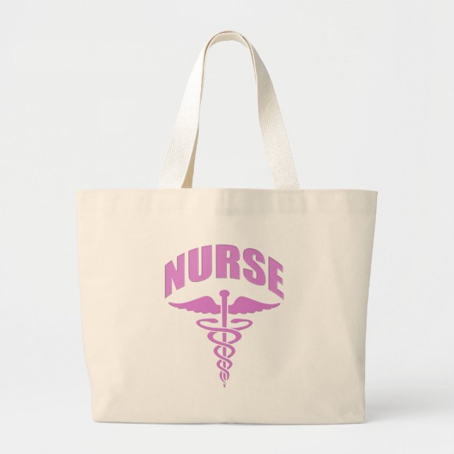 Nurse Caduceus Pink Large Tote Bag (Front)