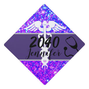 Nurse Caduceus Purple Glitter Class Of Monogram Graduation Cap Topper