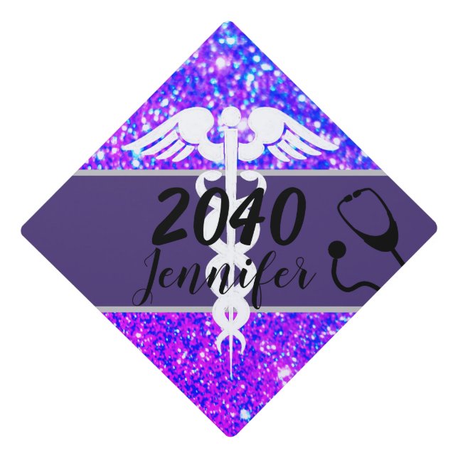 Nurse Caduceus Purple Glitter Class Of Monogram Graduation Cap Topper (Front)