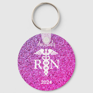 Nurse Caduceus Purple Pink Glitter Monogram Keychain