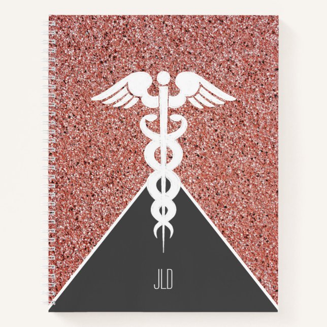 Nurse Caduceus Rose Gold Glitter Monogrammed Notebook (Front)