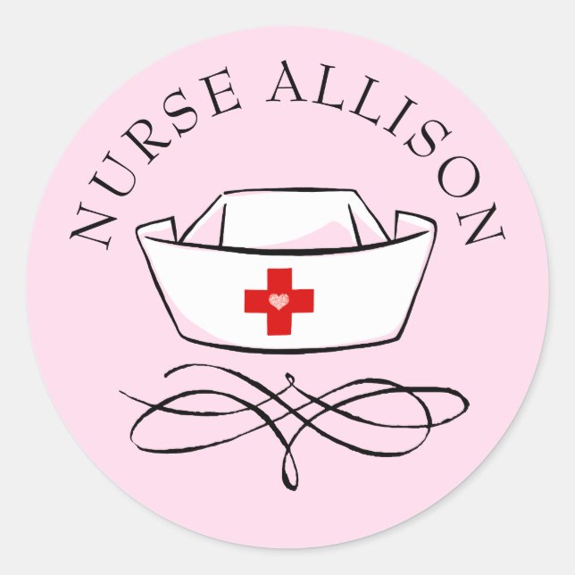 Nurse Cap Pink Personalized Classic Round Sticker (Front)