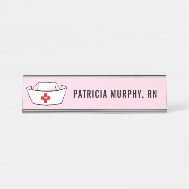 Nurse Cap RN Monogram Name Pink Desk Name Plate (Front)