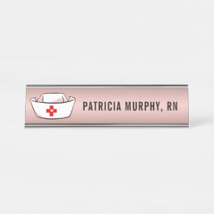Nurse Cap RN Monogram Name Rose Gold Desk Name Plate