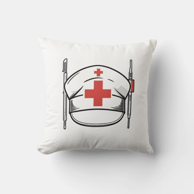 Nurse Cap with Red Cross and Medical Tools Design Throw Pillow (Front)