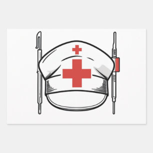 Nurse Cap with Red Cross and Medical Tools Design Wrapping Paper Sheet