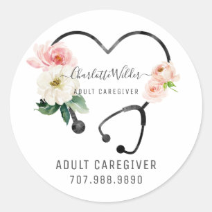 Nurse Caregiver Floral Stethoscope Promotional Classic Round Sticker