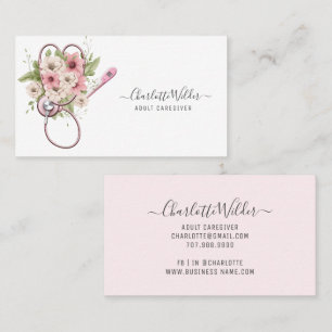 Nurse Caregiver Floral Stethoscope Thermometer Business Card