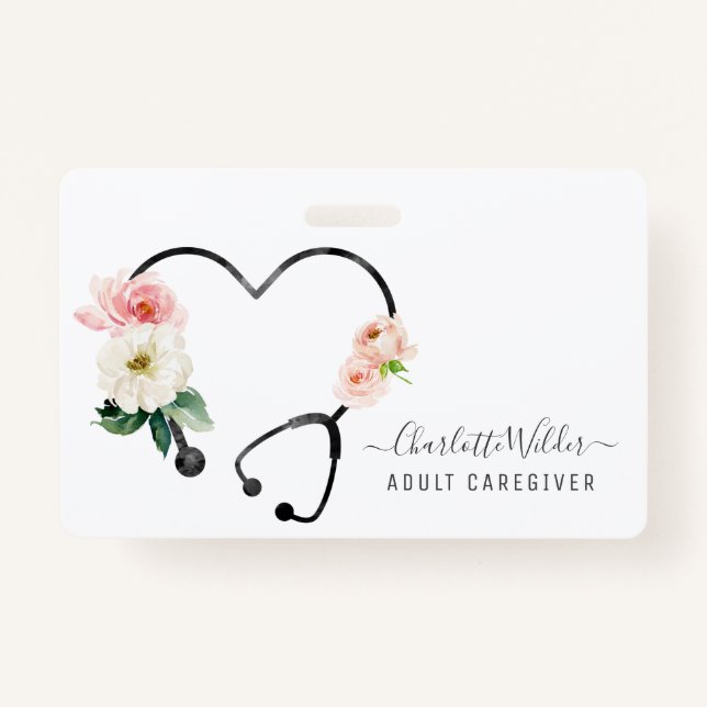 Nurse Caregiver Health Floral Stethoscope Badge (Front)