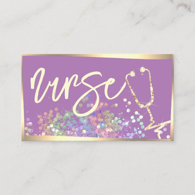 Nurse Caregiver Holographic Glitter Purple Gold Business Card (Front)