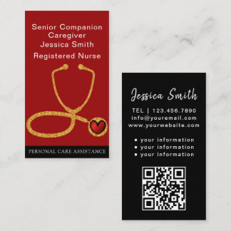 Nurse Caregiver Medical Elegant Red golden glitter Business Card