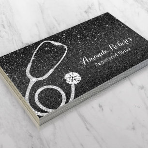 Nurse Caregiver Medical Modern Black Glitter Business Card