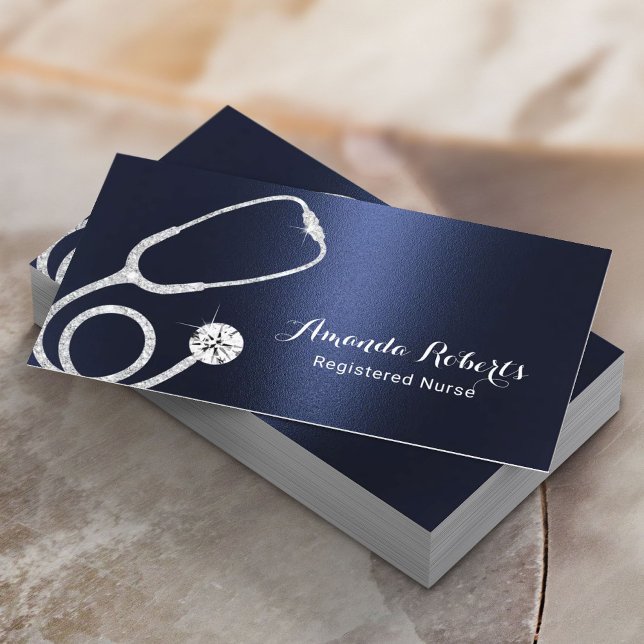 Nurse Caregiver Modern Navy Blue Metallic Medical Business Card (Creator Uploaded)