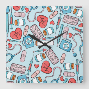 Nurse Cartoon Graphic Repeating Pattern Background Square Wall Clock