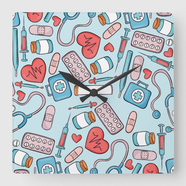 Nurse Cartoon Graphic Repeating Pattern Background Square Wall Clock (Front)